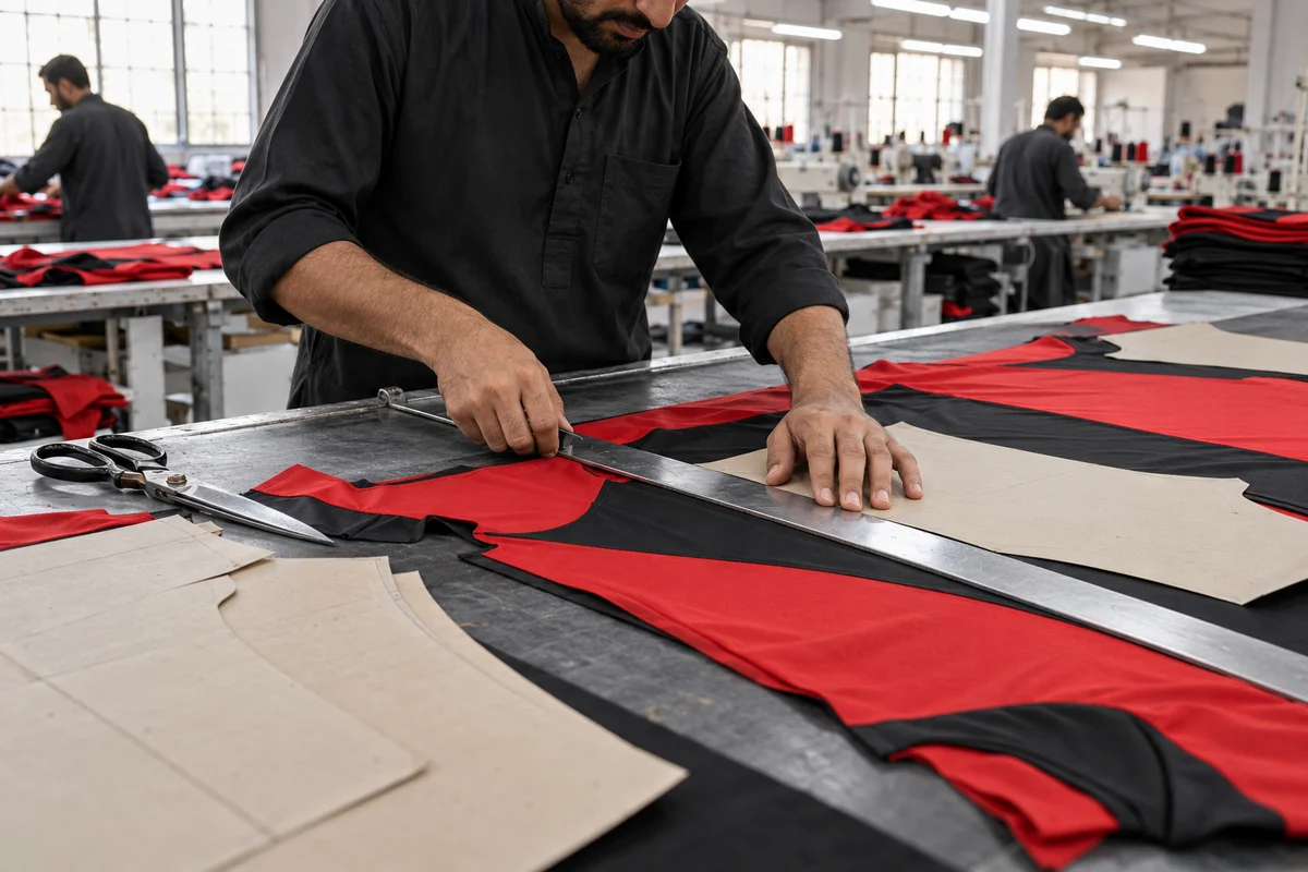 AI-generated illustration of an adult worker preparing garment cutting panels.