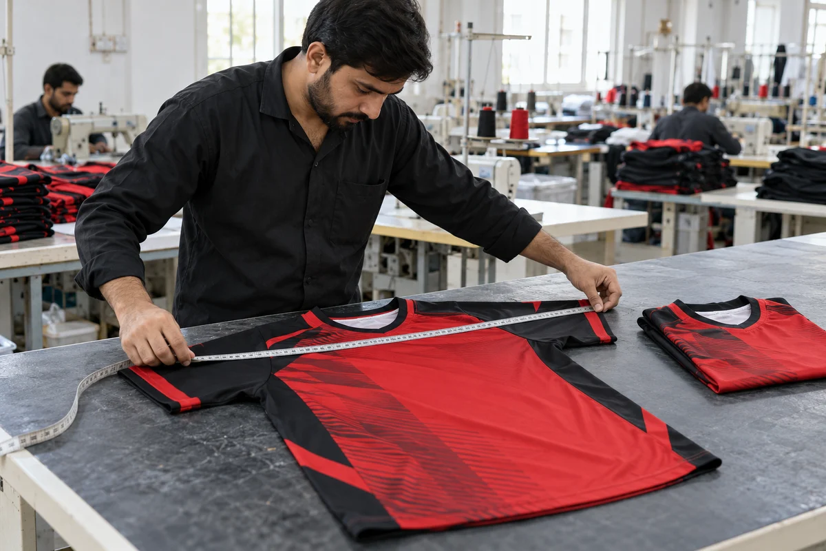 AI-generated illustration of an adult worker checking a finished sports jersey.