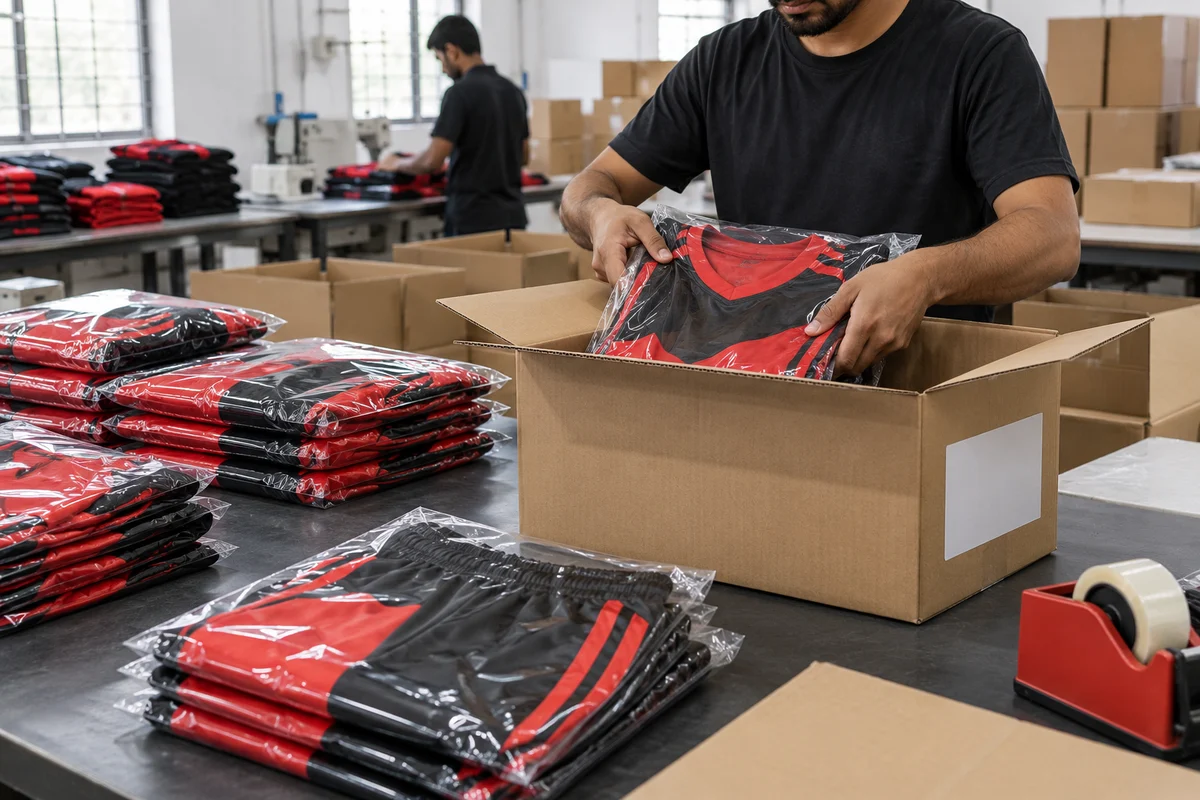 AI-generated illustration of folded red and black kits being packed.