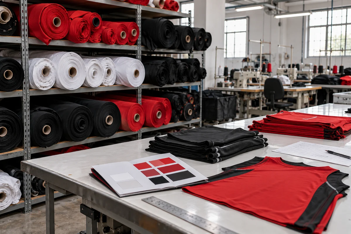 AI-generated illustration of cloth rolls and prepared red and black jersey panels.