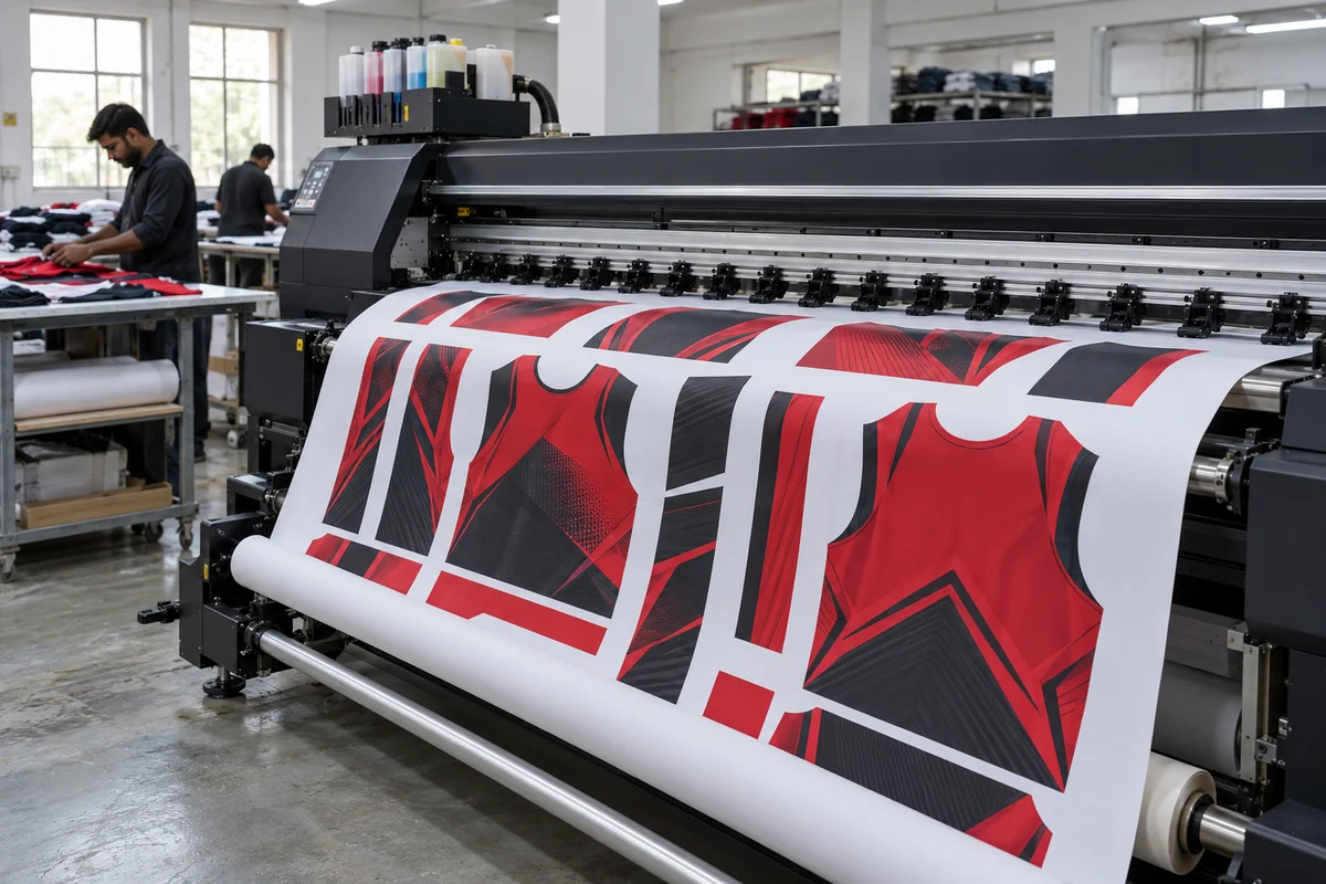 AI-generated illustration of red and black artwork on a garment transfer printer.