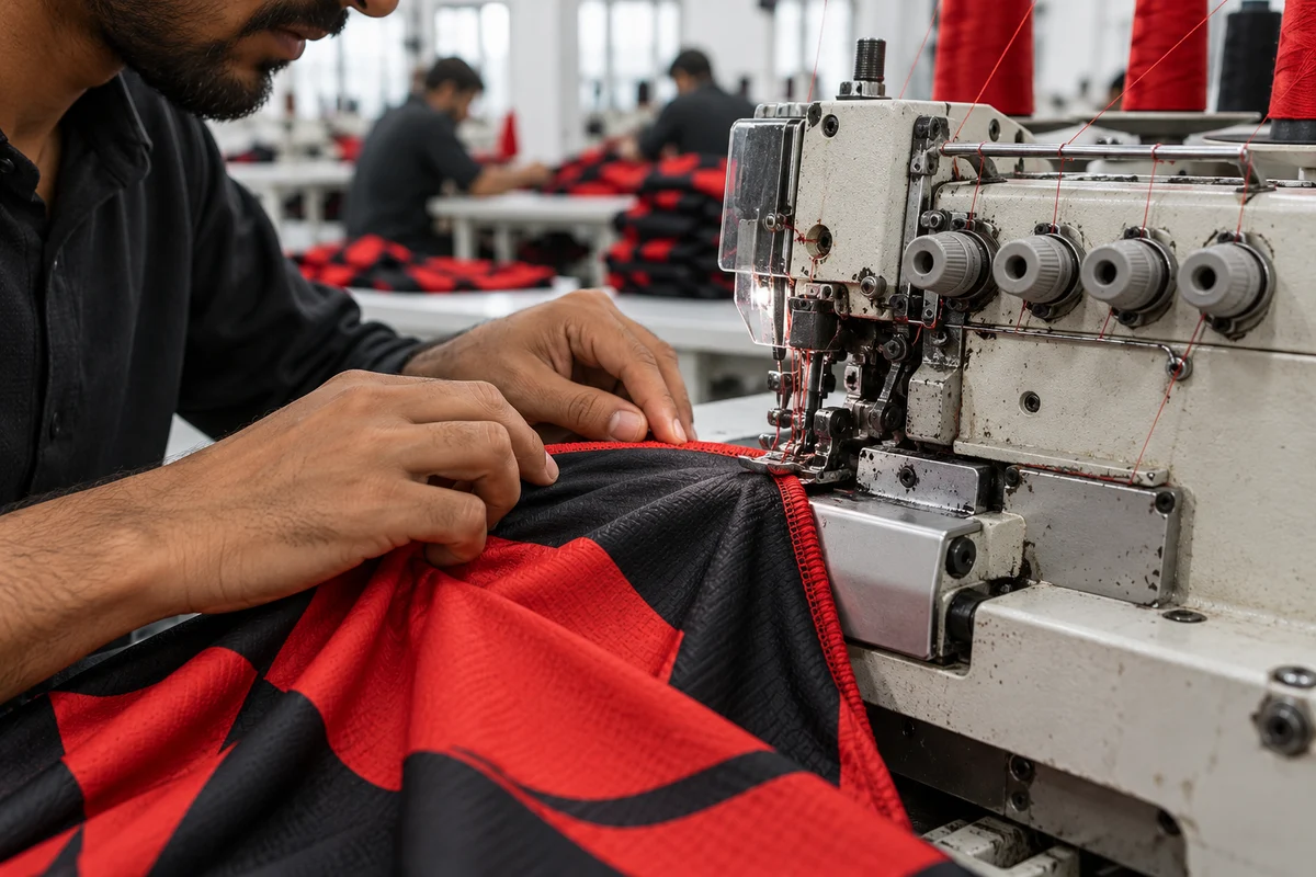 AI-generated illustration of an adult sewing operator stitching a sports jersey.