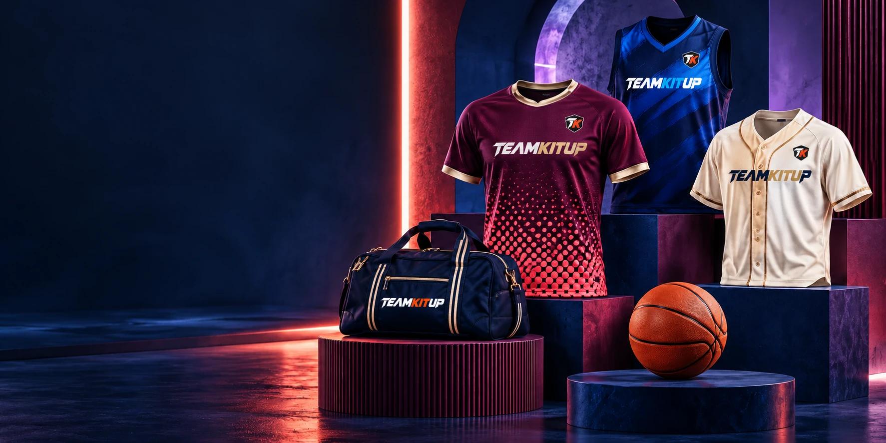 Original multi-sport kit display with TEAMKITUP branded jerseys and bag